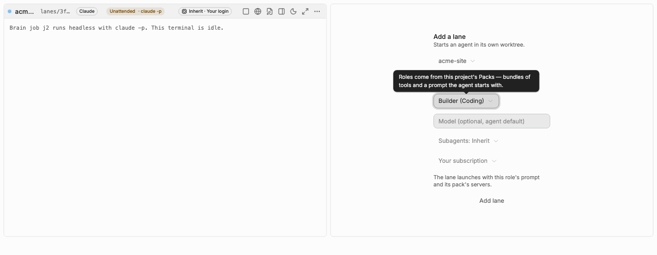 The add-lane form with a role picked from the coding pack