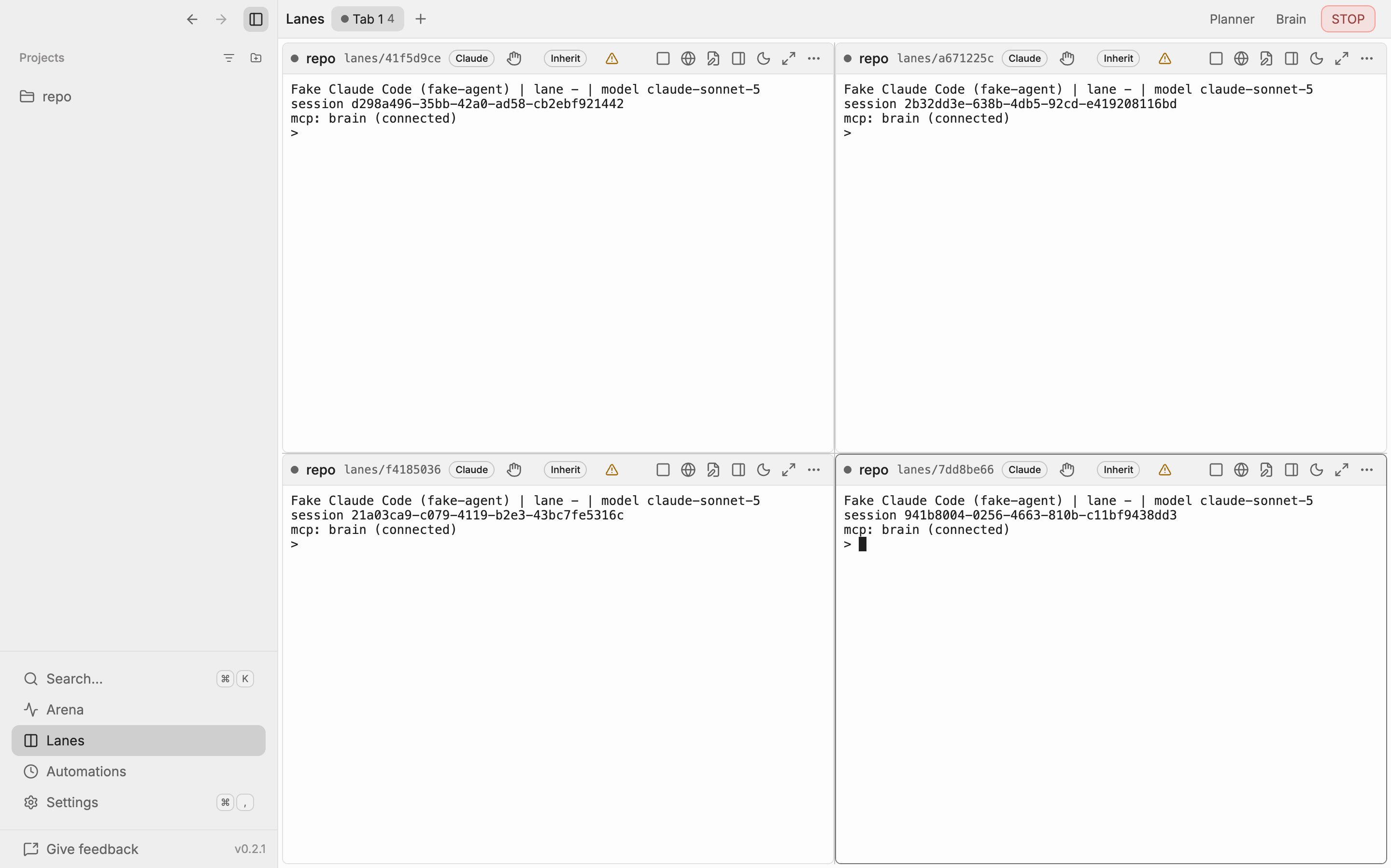 Four lanes in a 2×2 grid, each running an agent in its own worktree