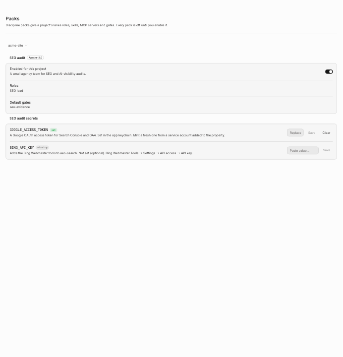 Settings → Packs with one secret set and one missing