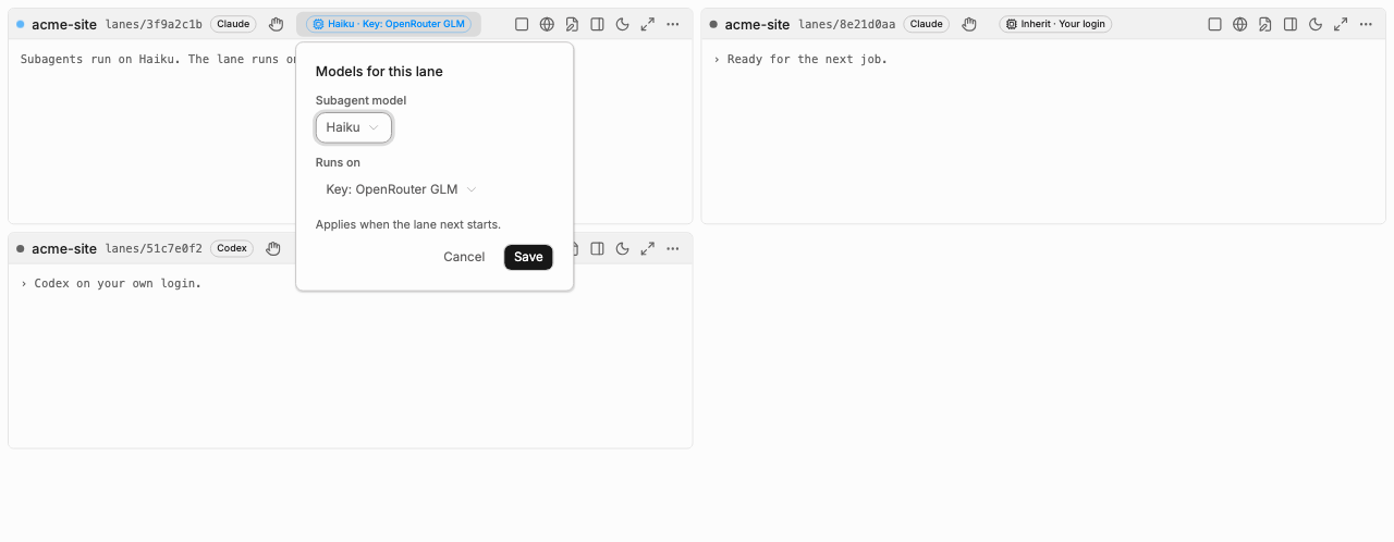 The lane header badge for subagent model and auth