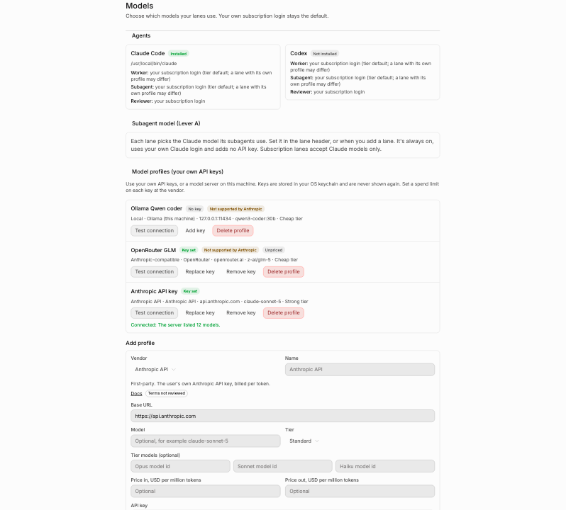 Settings → Models, with the subagent-model note and the profiles list